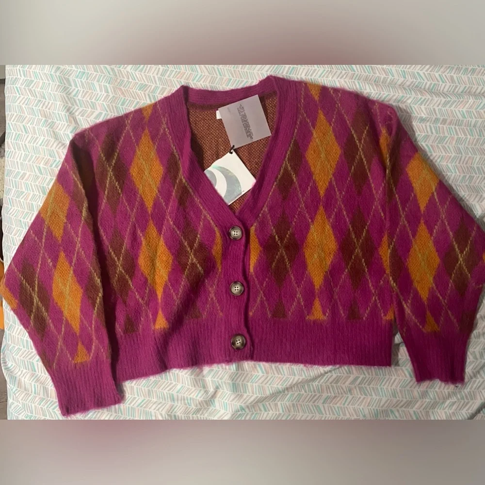 DayDreamer Cardigan Argyle Fuchsia Sunset  Orange - Picture 3 of 9